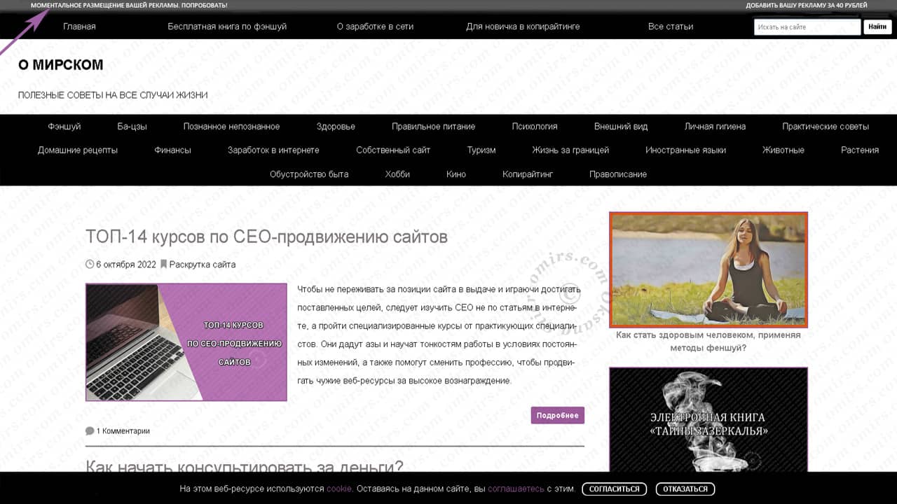Рекламная строка на omirs.com Скриншот страницы с рекламной строкой